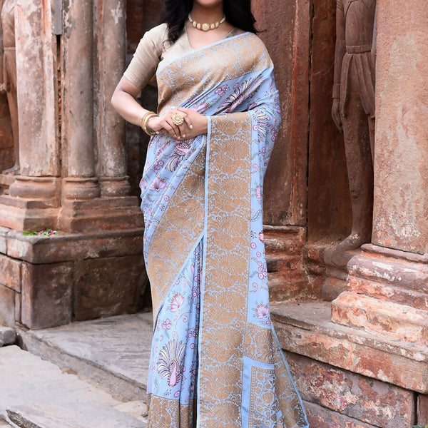 Joban Fashion Light Blue Crepe Chiffon Pure Handloom Banarasi Silk Saree