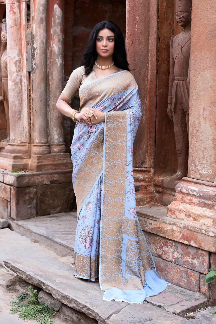 Joban Fashion Light Blue Crepe Chiffon Pure Handloom Banarasi Silk Saree - Dista