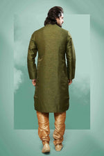Thumbnail for Raivat Ethnic Art Silk Mirror Embroidery Work Kurta Pajama In Green Colour - Dista