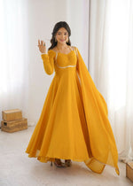 Thumbnail for Teeya Creation Yellow Faux Georgette Designer Party Wear Long Gown - Distacart