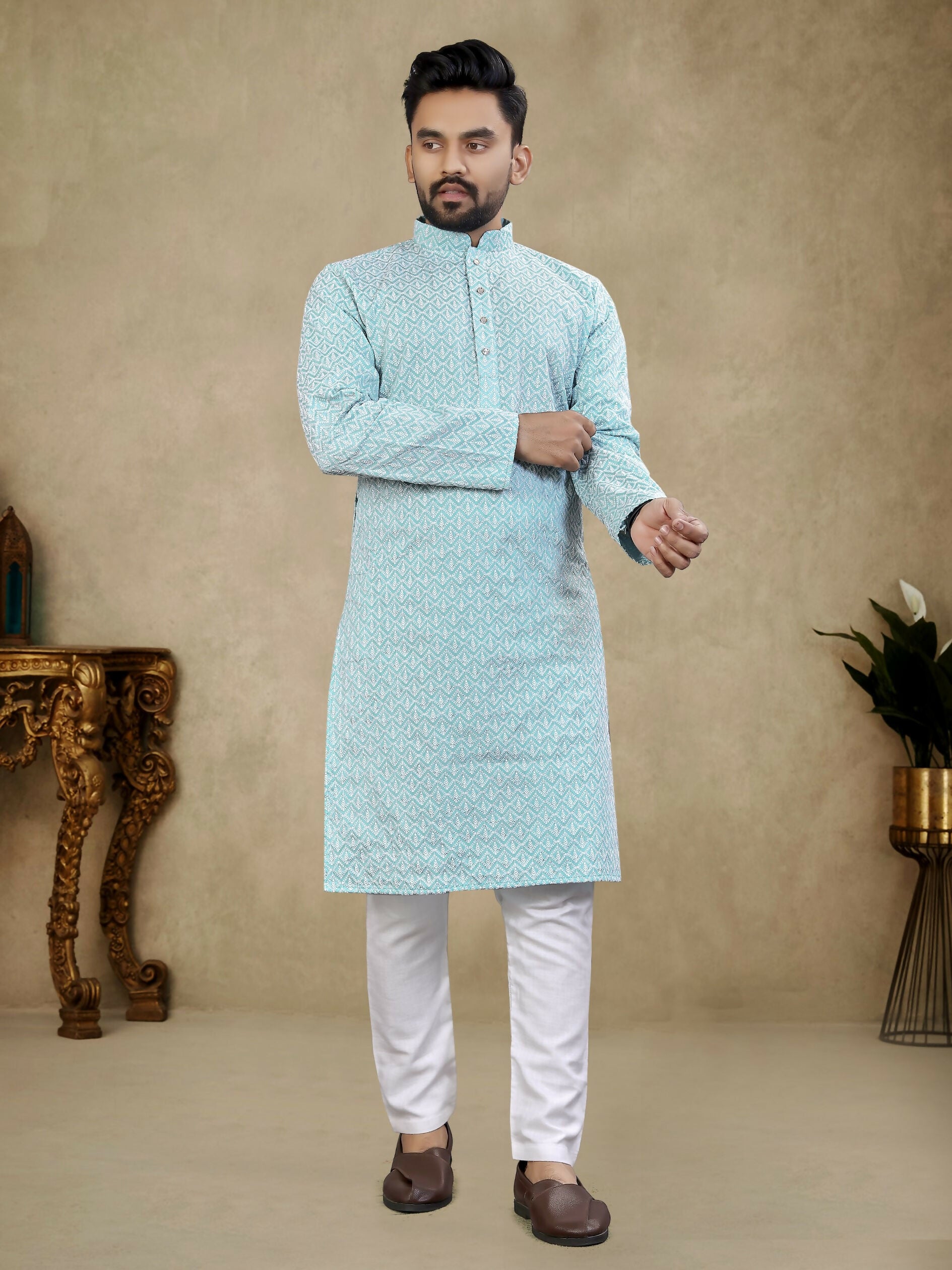 Anaita Light_Blue Lucknowi Work Silk Straight Kurta - Distacart