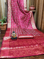 Thumbnail for Anaita Dark Red Soft Satin Silk Bandhej Print Saree With Kanchi Zari Weaving Border - Distacart