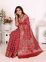 Thumbnail for Anaita Dark Red Soft Satin Silk Bandhej Print Saree With Kanchi Zari Weaving Border - Distacart