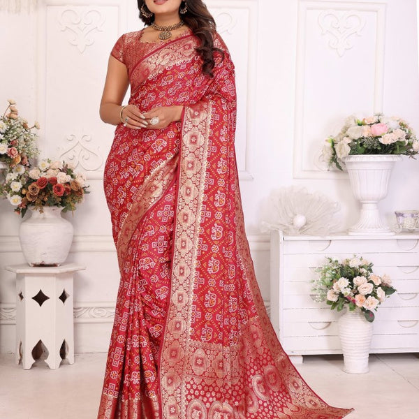 Anaita Dark Red Soft Satin Silk Bandhej Print Saree With Kanchi Zari Weaving Border - Distacart