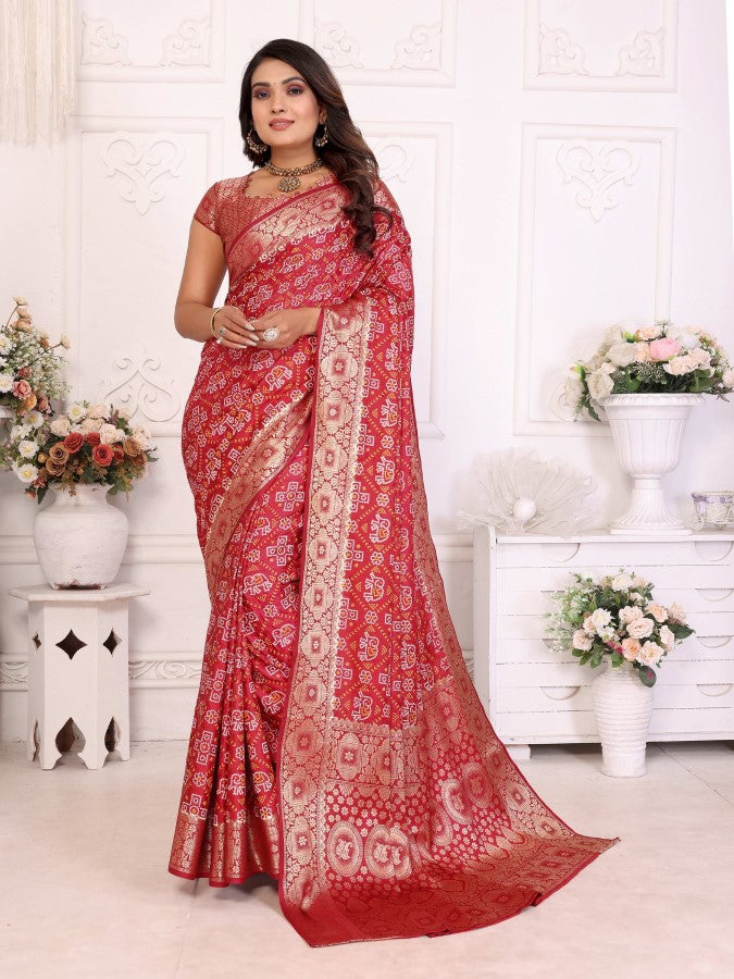 Anaita Dark Red Soft Satin Silk Bandhej Print Saree With Kanchi Zari Weaving Border - Distacart