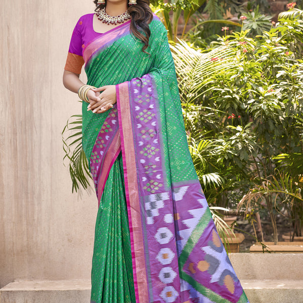 Anaita D Green Pochampally Silk Saree With Floral Printed Work With Blouse - Distacart