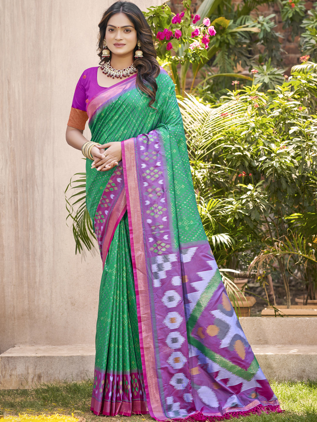 Anaita D Green Pochampally Silk Saree With Floral Printed Work With Blouse - Distacart