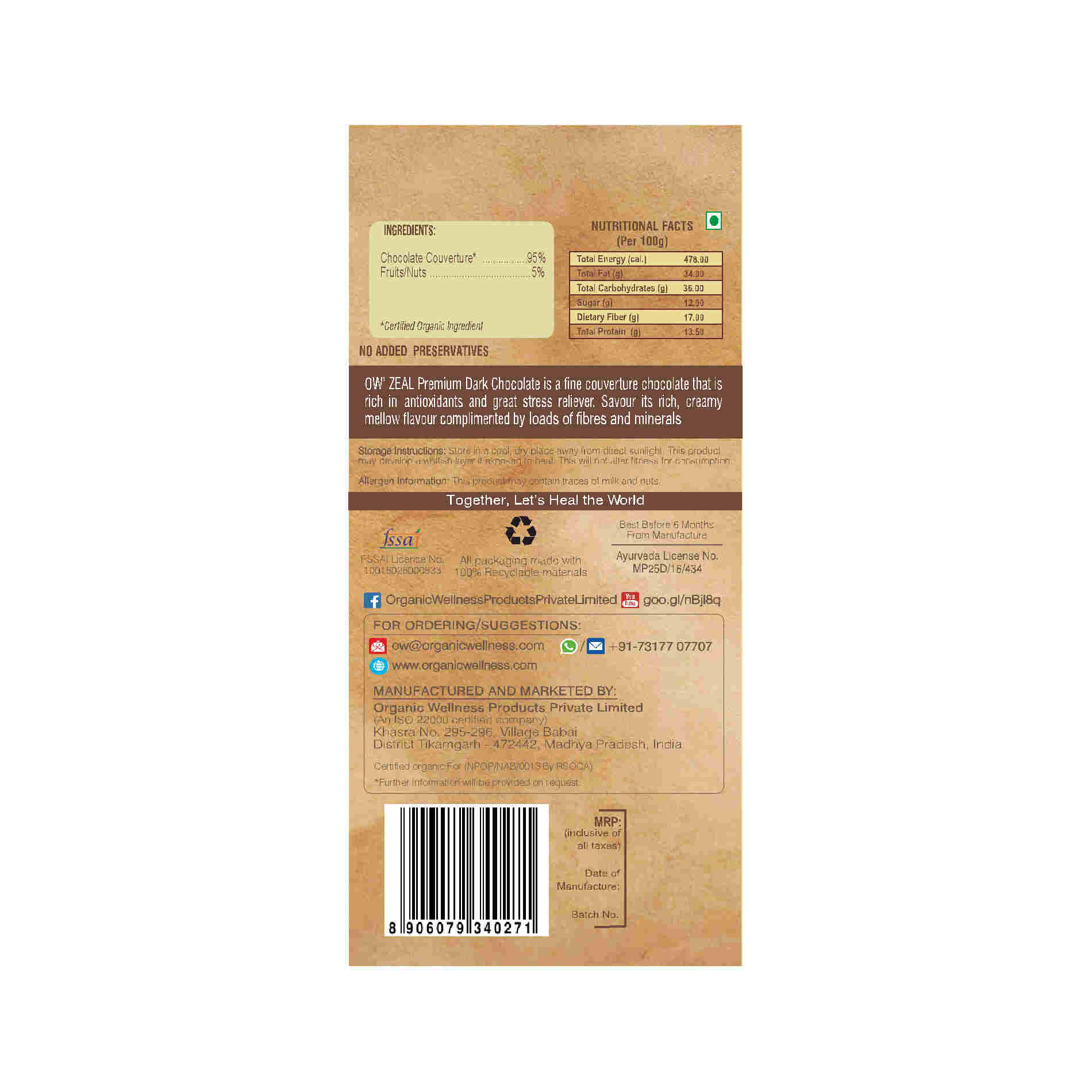 Organic Wellness Ow'zeal Premium Dark Chocolate - Distacart