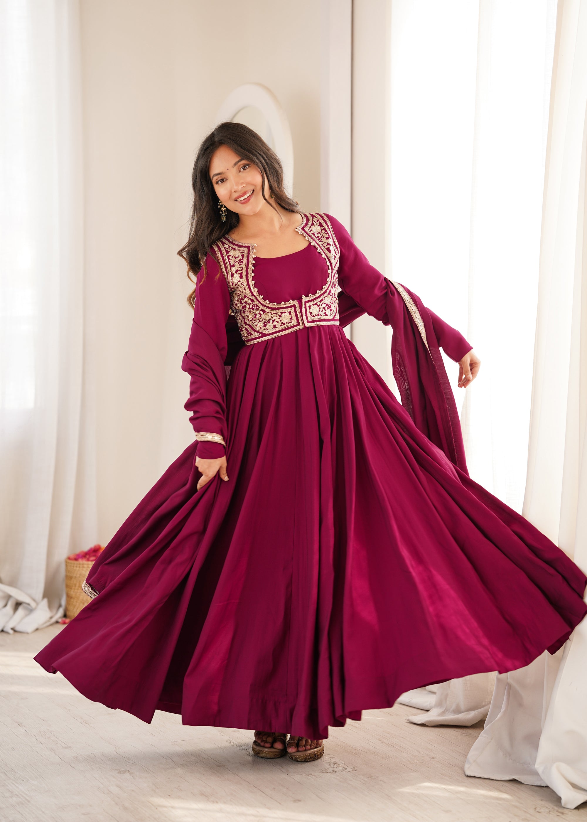 Lorenvalley Fashion Dark Rani Pink Roman Chanderi Silk 16 Kali Anarkali Gown with Jacket Pants with Dupatta - Dista