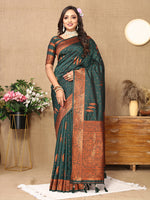 Thumbnail for Lorenvalley Fashion Darkgreen Soft Silk Copper Zari weaving Design Saree - Distacart