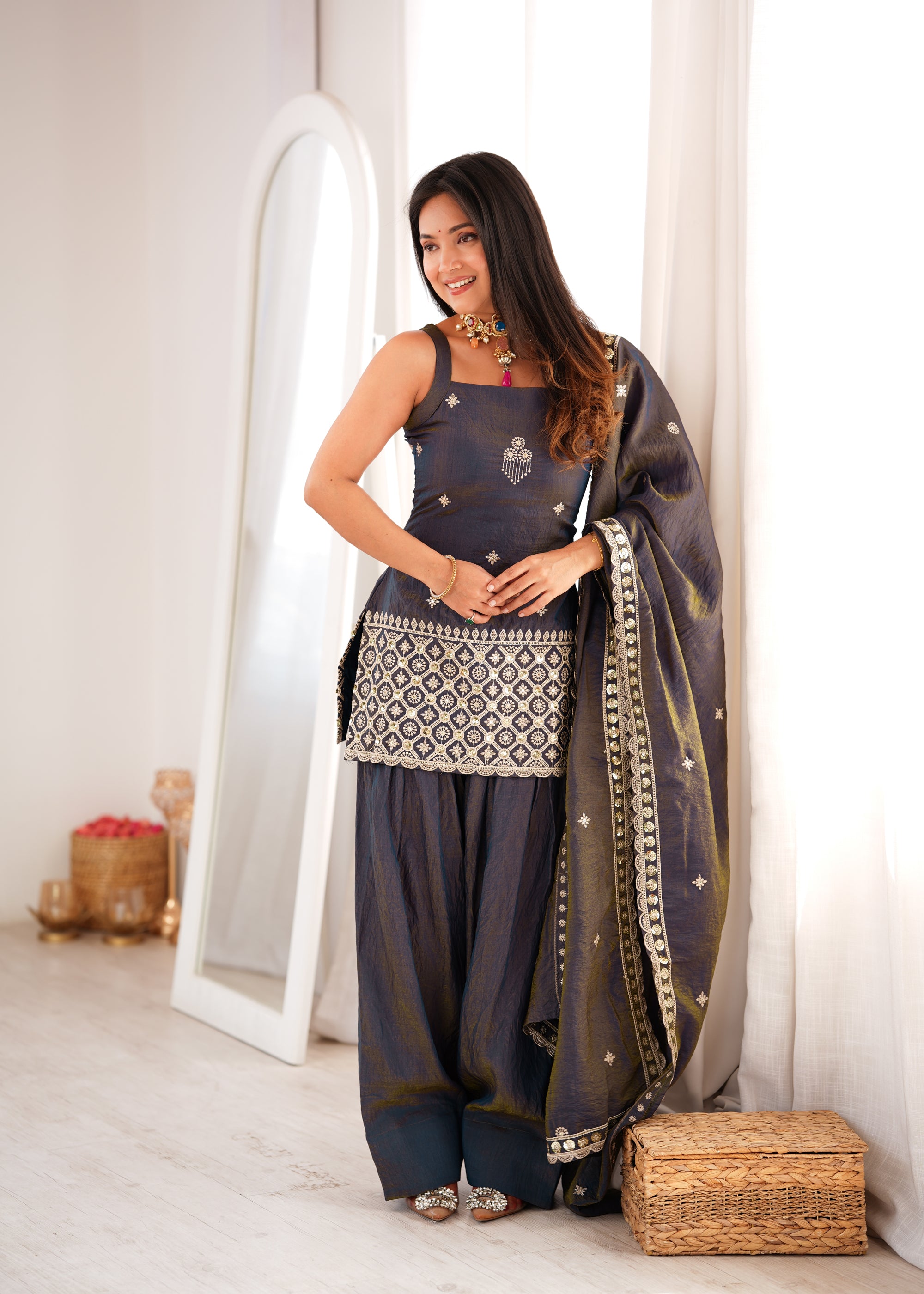 Lorenvalley Fashion Dark Grey NC Vichitra Silk Fabric With Embroidery Sequence Dori And Jari Work Kurta Farshi Salwar with Dupatta - Dista