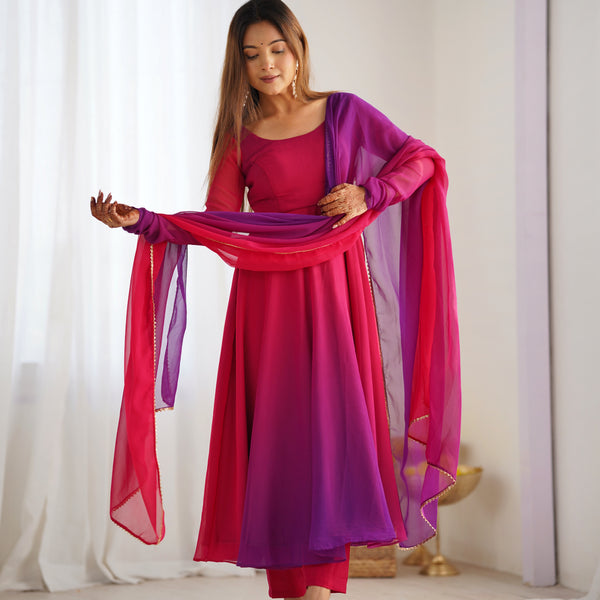 Lorenvalley Women Pure Soft Faux Georgette Colorful Padding Anarkali Kurta Pant With Dupatta Set - Darkpink - Distacart