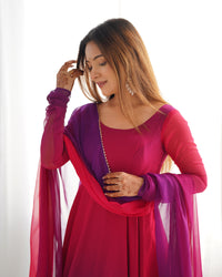 Thumbnail for Lorenvalley Women Pure Soft Faux Georgette Colorful Padding Anarkali Kurta Pant With Dupatta Set - Darkpink
