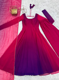 Thumbnail for Lorenvalley Women Pure Soft Faux Georgette Colorful Padding Anarkali Kurta Pant With Dupatta Set - Darkpink