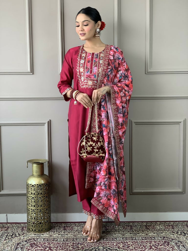 Partywear Designer Viscos Chanderi Maroon Stitched Suit With Dupatta - Tanisha - Distacart