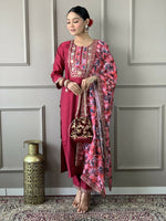 Thumbnail for Partywear Designer Viscos Chanderi Maroon Stitched Suit With Dupatta - Tanisha - Distacart