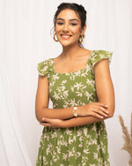 Thumbnail for FIORRA Women's Mehandi Green Georgette Floral Printed Dress - Distacart