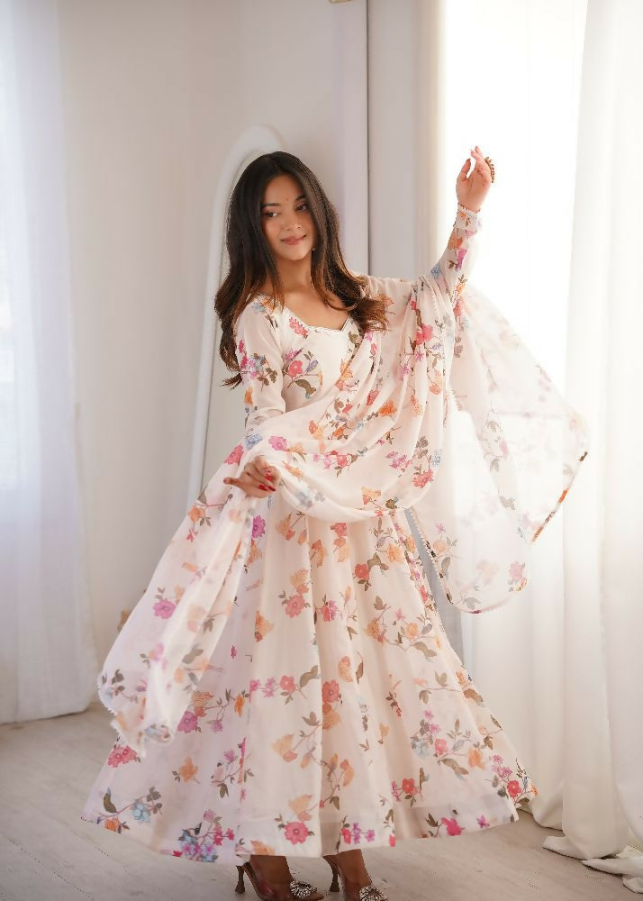 Teeya Creation Cream Faux Georgette Digital Print Party Wear Long Gown - Distacart