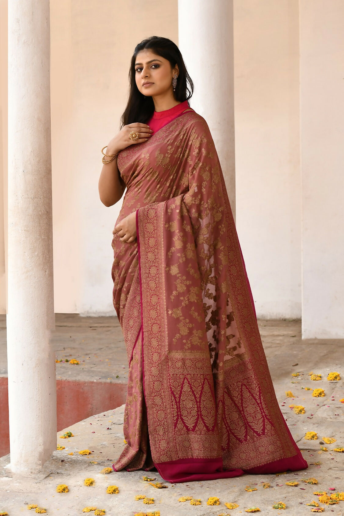 Joban Fashion Rouge Pink Crepe Chiffon Pure Handloom Banarasi Silk Saree