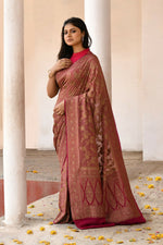 Thumbnail for Joban Fashion Rouge Pink Crepe Chiffon Pure Handloom Banarasi Silk Saree
