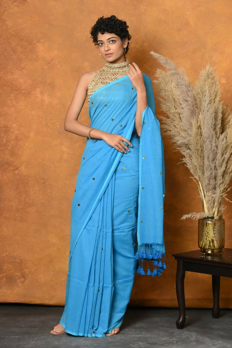 Very Much Indian Pure Mul Cotton Handloom Saree - Sky Blue - Distacart