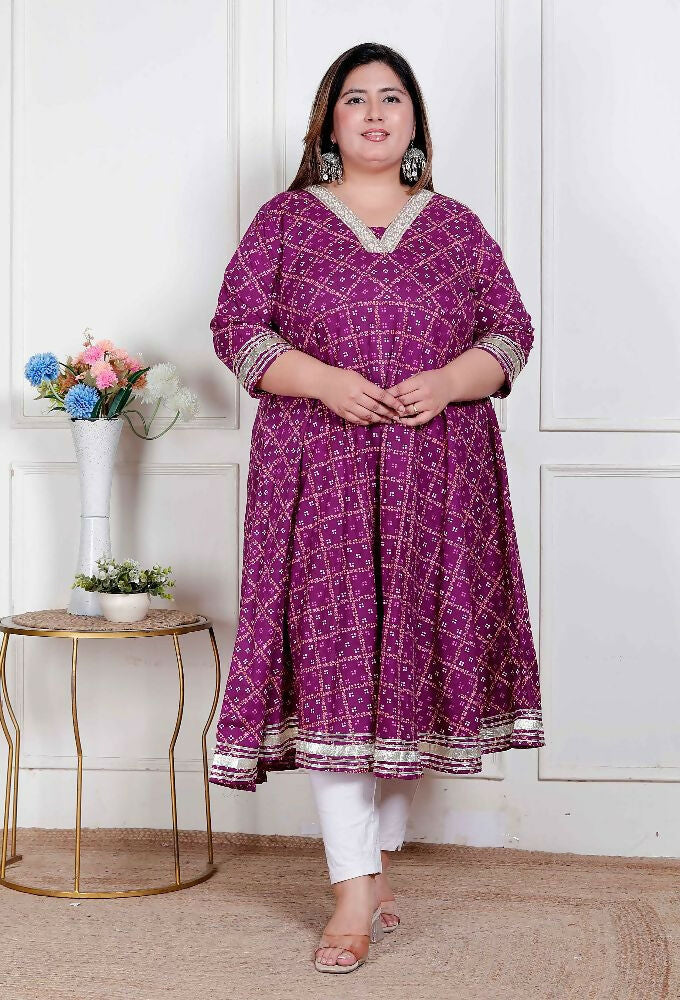 Miravan Plus Size Women Cotton Magenta Gota Lace And Embroidered Anarkali Kurta