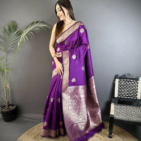 Joban Fashion Purple Floral Jacquard Woven Design Cotton Silk Banarasi Silk Saree - Distacart