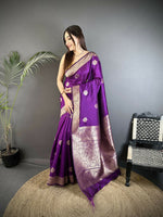 Thumbnail for Joban Fashion Purple Floral Jacquard Woven Design Cotton Silk Banarasi Silk Saree - Distacart