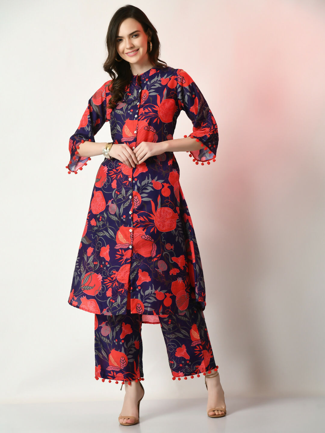 Myshka Women's Navy Blue Printed Kurta With Palazzos - Distacart