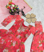 Thumbnail for Divine Drape Girl's Faux Georgette Embroidery Anarkali Gown Pant With Dupatta - Red