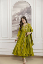 Thumbnail for The52 Light Green Women's Beautiful Vichitra Silk Fabric Embroidered Work Flared Anarkali Pant and Dupatta Set - Distacart