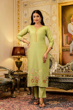 Thumbnail for The52 Lemons Women's Beautiful Viscose Shimmer Fabric Embroidered Work Straight Kurta Pant and Dupatta Set - Distacart