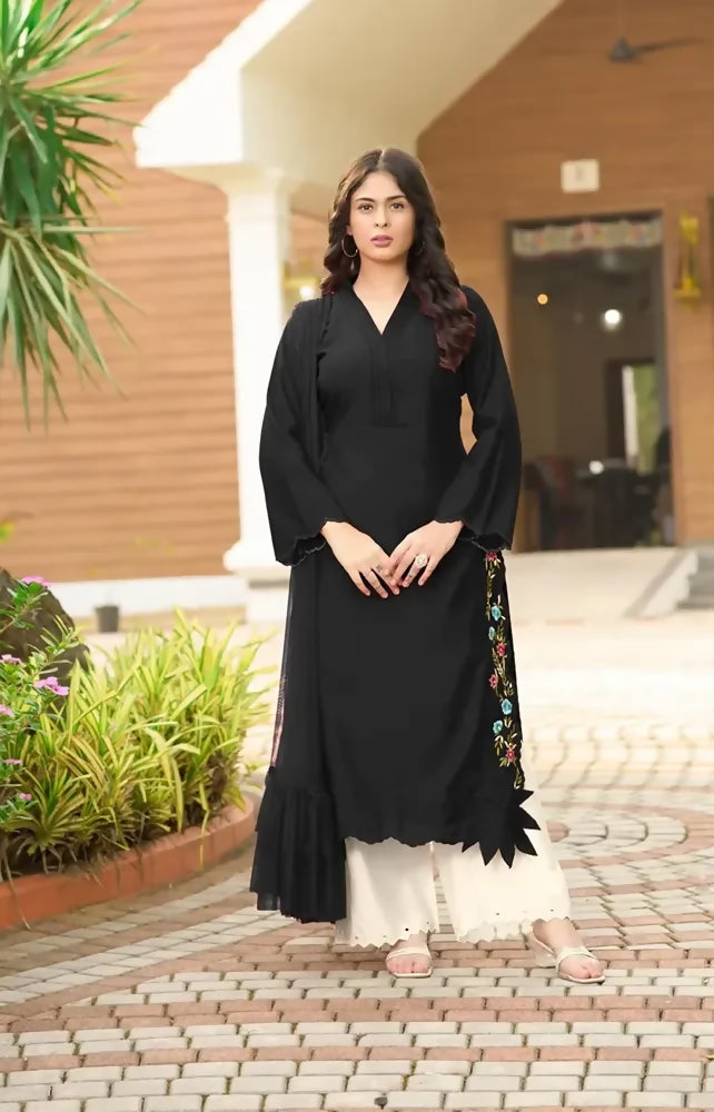 Nikhaar Black Embroidered Art Silk Straight Cut Readymade Pakistani Suit