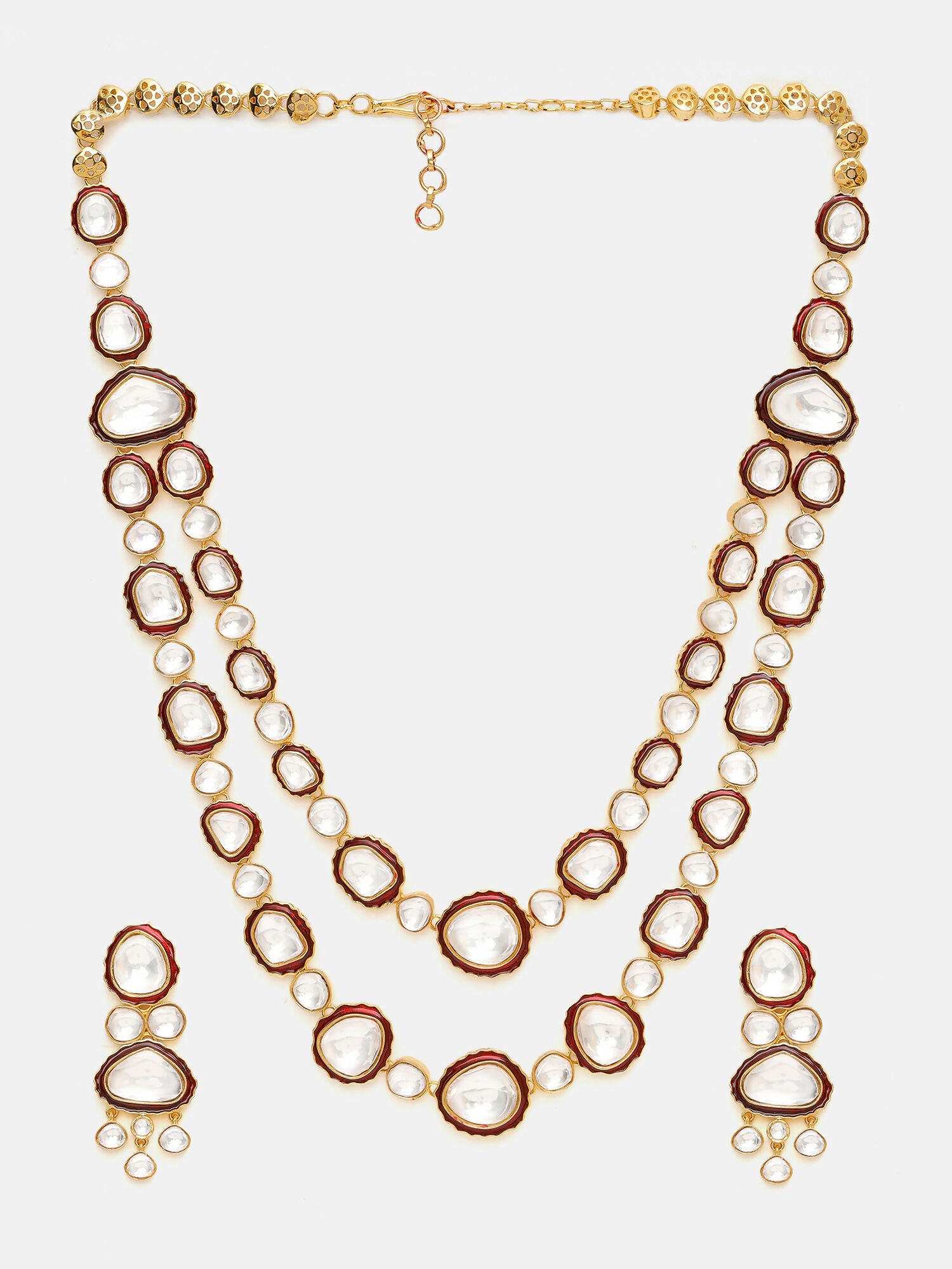 Ruby Raang 22k Gold Polished Red Meenakari Kundan Layered Necklace With Earrings & Maang Tikka