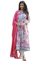 Thumbnail for The52 Women's Beautiful Rayon Fabric Printed Work Flared Kurta Pant and Dupatta Set - Distacart