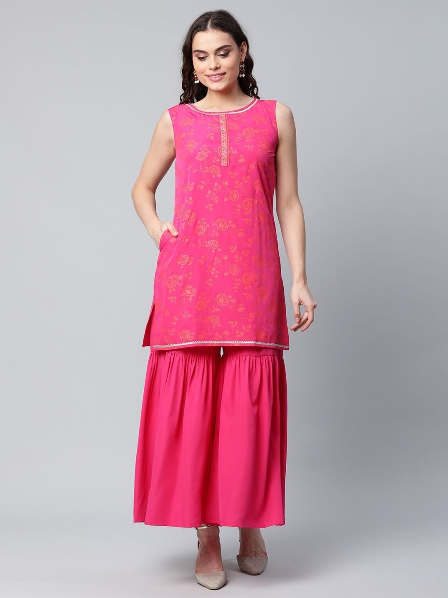 Ahalyaa Pink Crepe Orange khari Print Kurta Sharara Set With Dupatta - Distacart