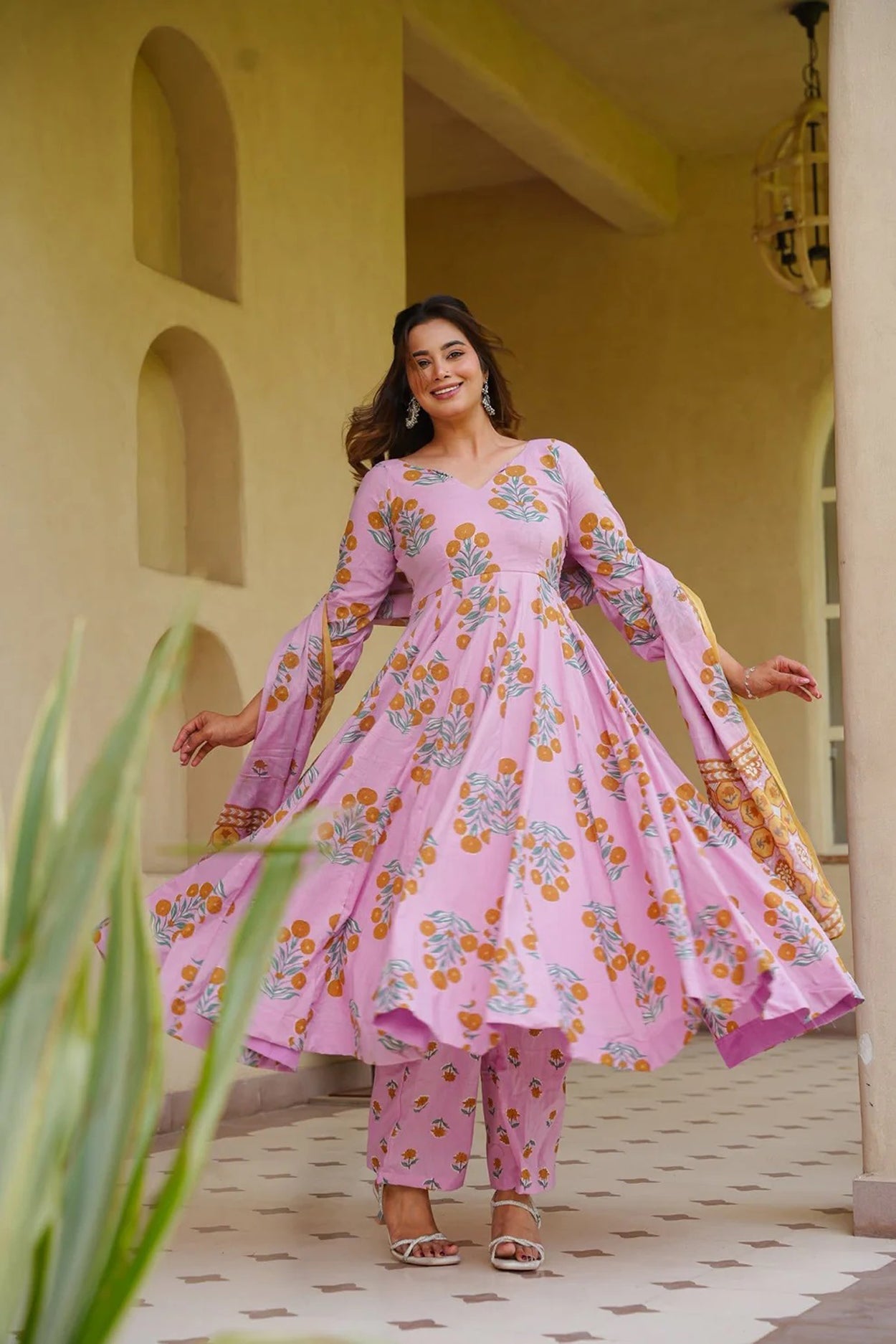 Aayaa Multi Cotton Silk Designer Full Flaired Printed Kurta Set with Dupatta - Dista