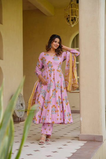 Aayaa Multi Cotton Silk Designer Full Flaired Printed Kurta Set with Dupatta - Dista