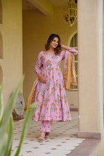 Thumbnail for Aayaa Multi Cotton Silk Designer Full Flaired Printed Kurta Set with Dupatta - Dista