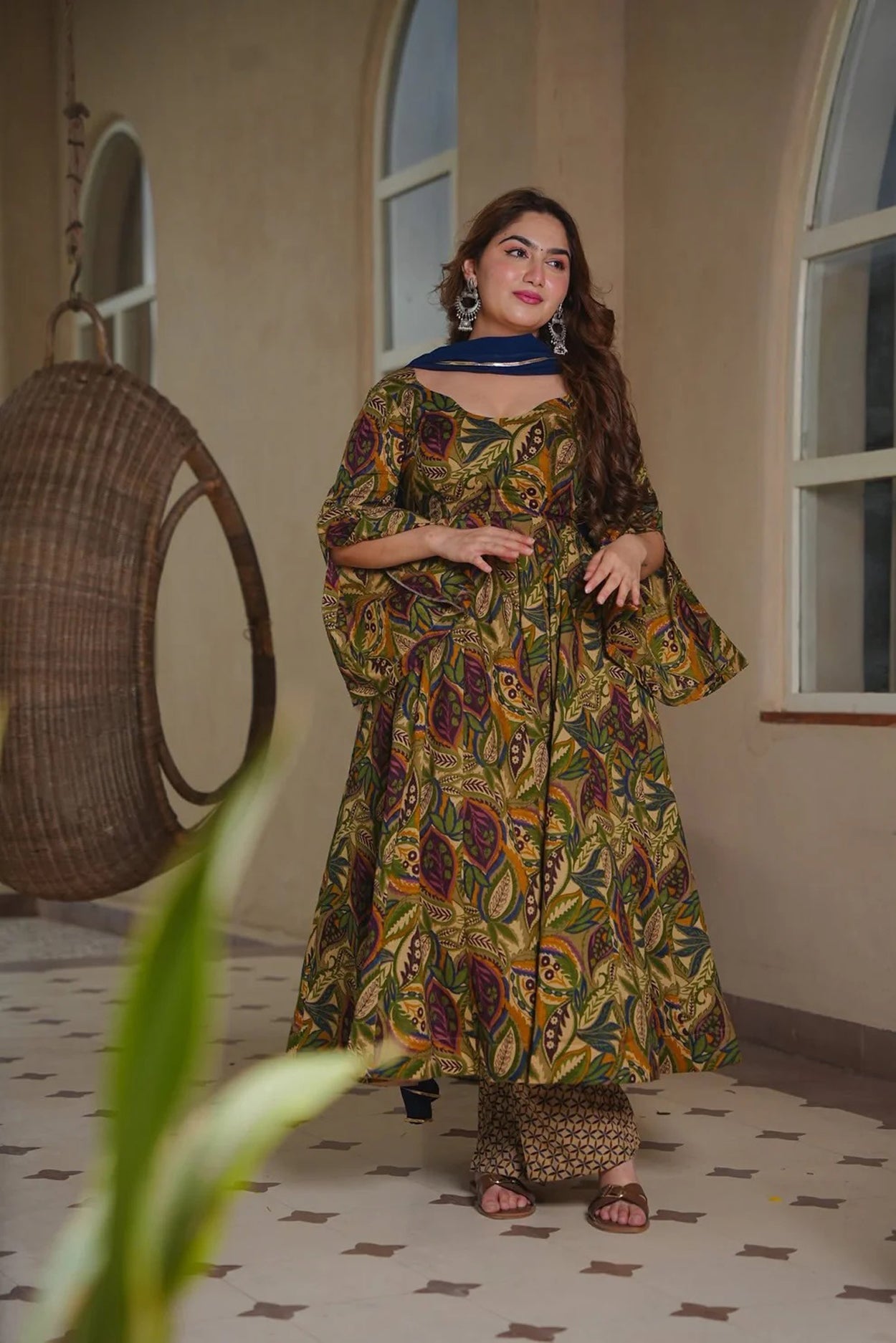 Aayaa Multi Cotton Silk Designer Full Flaired Printed Kurta Set with Dupatta - Dista
