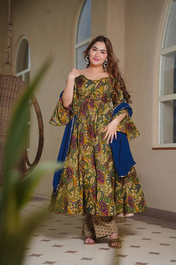 Aayaa Multi Cotton Silk Designer Full Flaired Printed Kurta Set with Dupatta - Dista