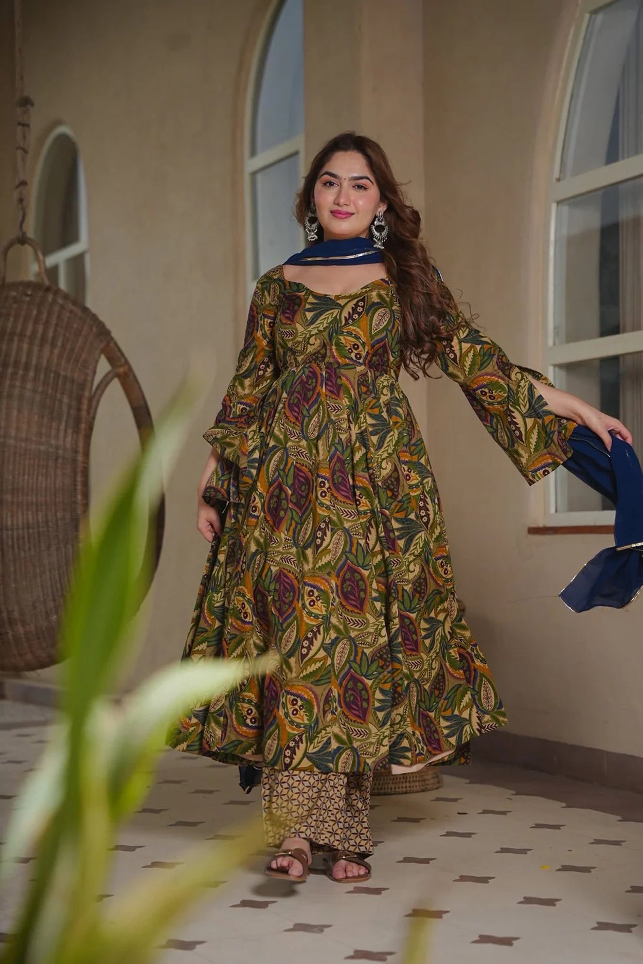 Aayaa Multi Cotton Silk Designer Full Flaired Printed Kurta Set with Dupatta - Dista