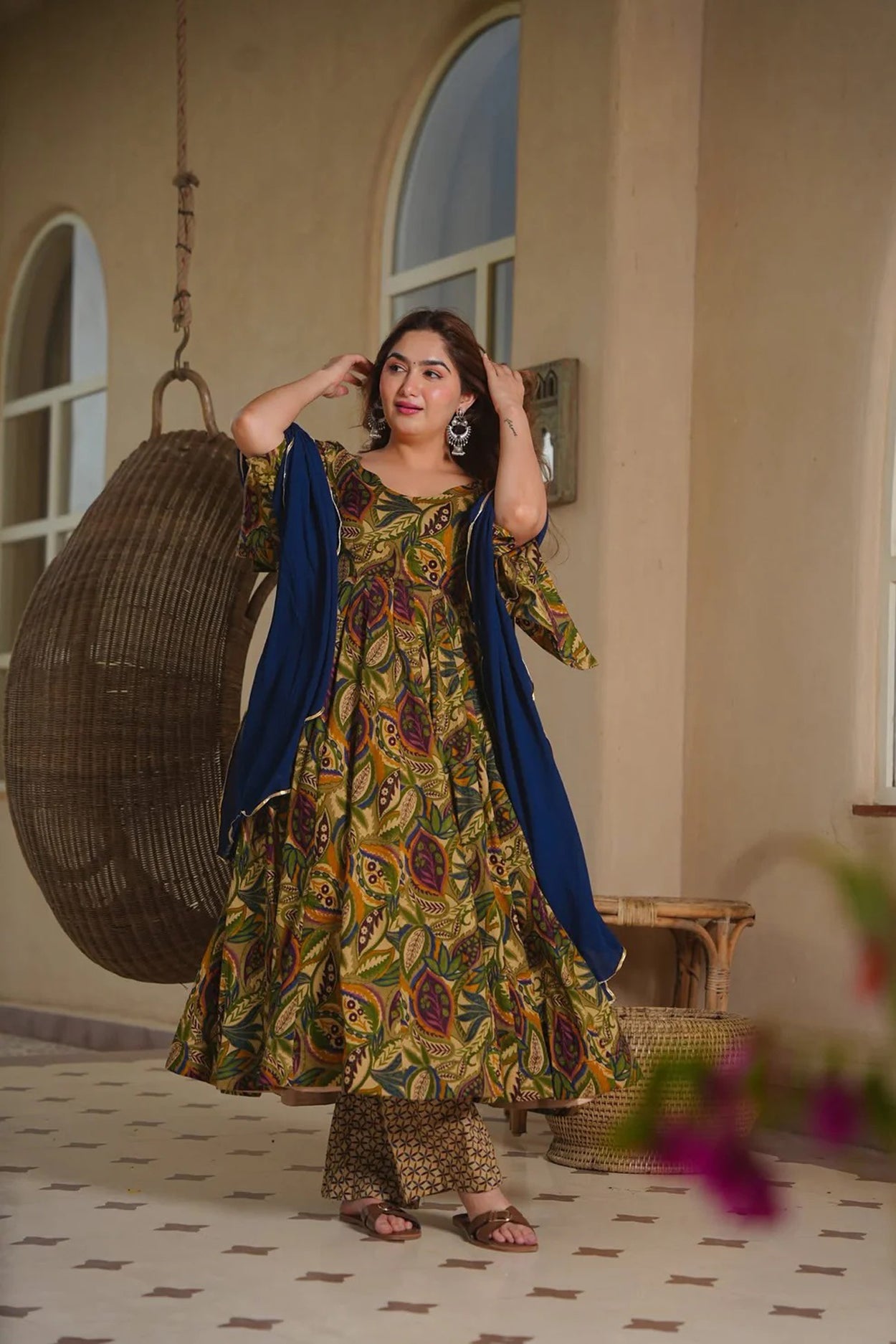 Aayaa Multi Cotton Silk Designer Full Flaired Printed Kurta Set with Dupatta - Dista