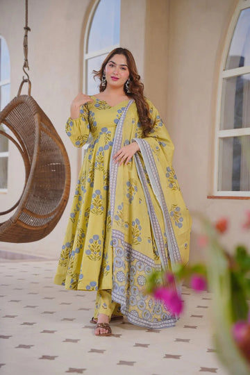 Aayaa Multi Cotton Silk Designer Full Flaired Printed Kurta Set with Dupatta - Dista