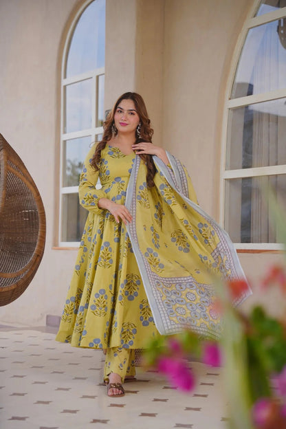 Aayaa Multi Cotton Silk Designer Full Flaired Printed Kurta Set with Dupatta - Dista