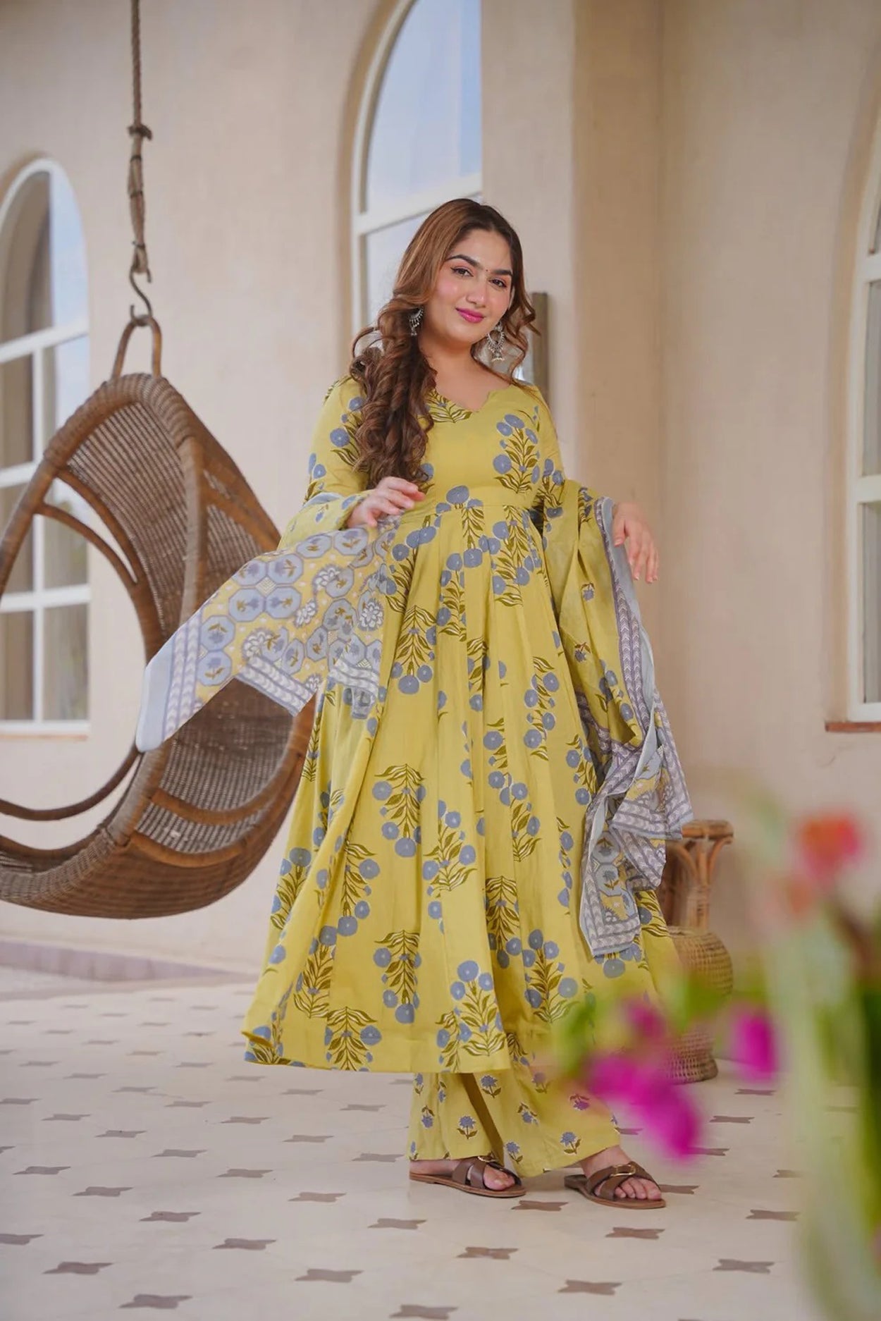 Aayaa Multi Cotton Silk Designer Full Flaired Printed Kurta Set with Dupatta - Dista