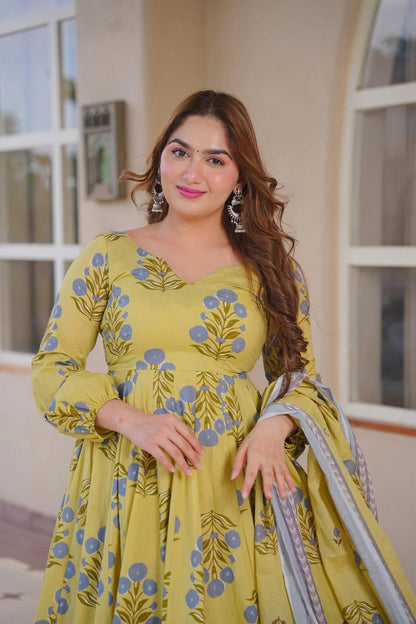 Aayaa Multi Cotton Silk Designer Full Flaired Printed Kurta Set with Dupatta - Dista