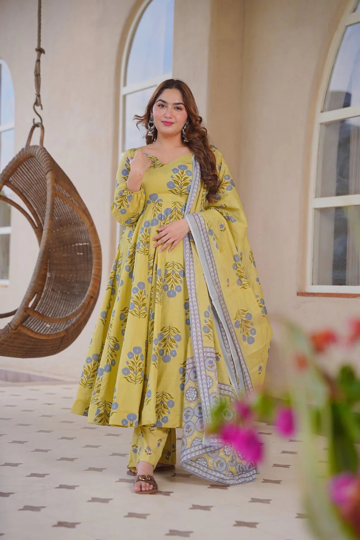 Aayaa Multi Cotton Silk Designer Full Flaired Printed Kurta Set with Dupatta - Dista