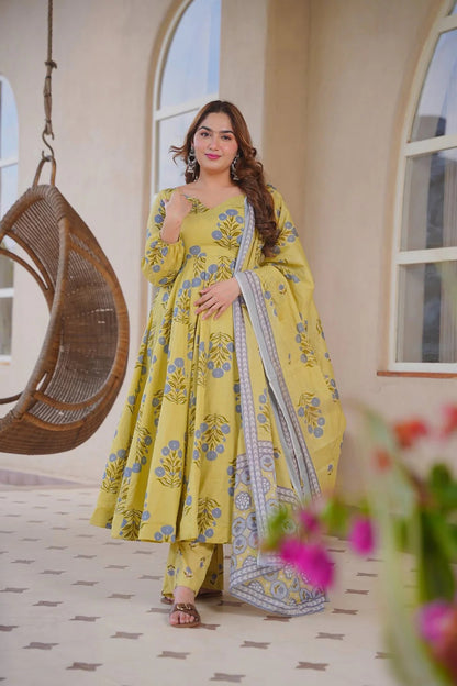 Aayaa Multi Cotton Silk Designer Full Flaired Printed Kurta Set with Dupatta - Dista