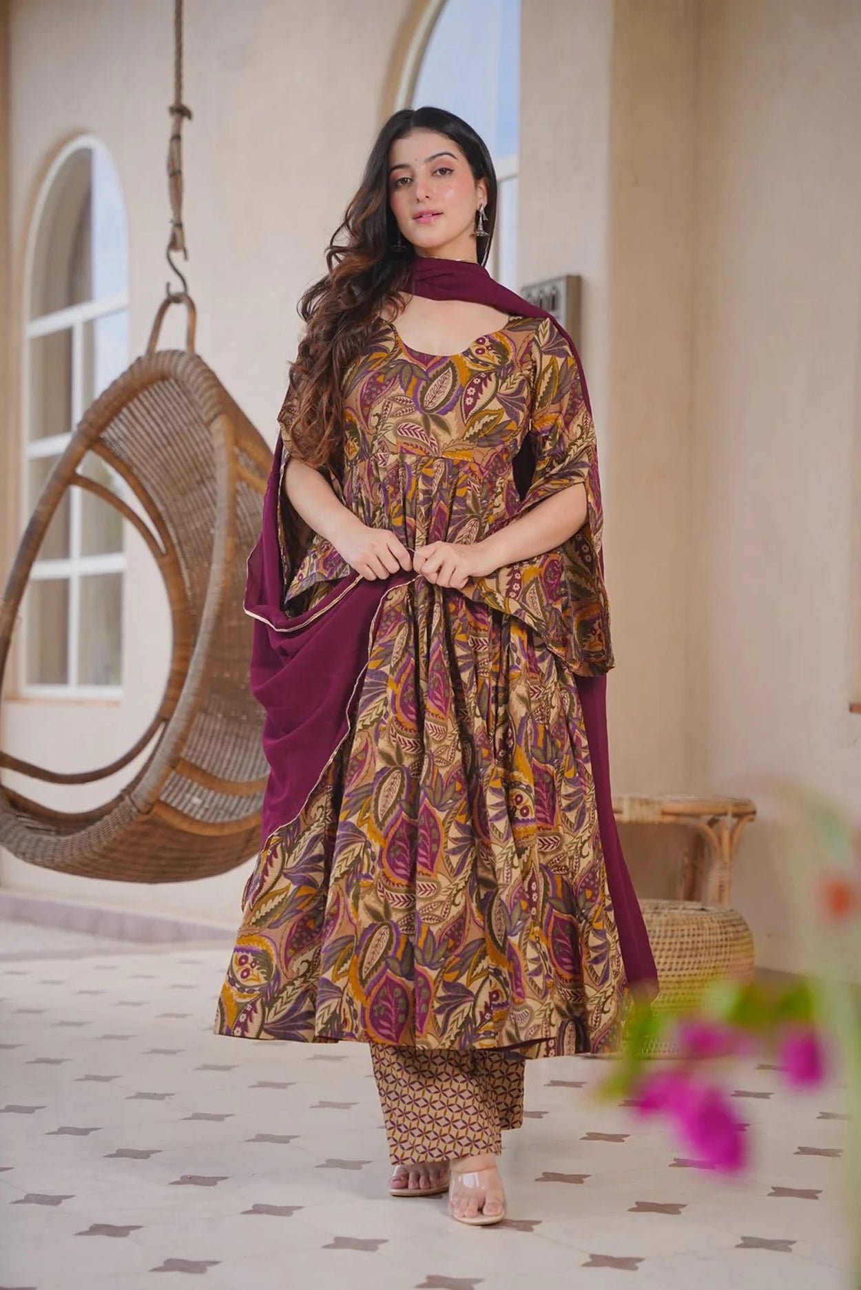 Aayaa Multi Cotton Silk Designer Full Flaired Printed Kurta Set with Dupatta - Dista